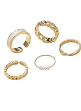 5-piece gold-tone ring set with chain links and pearl accents, assorted bands