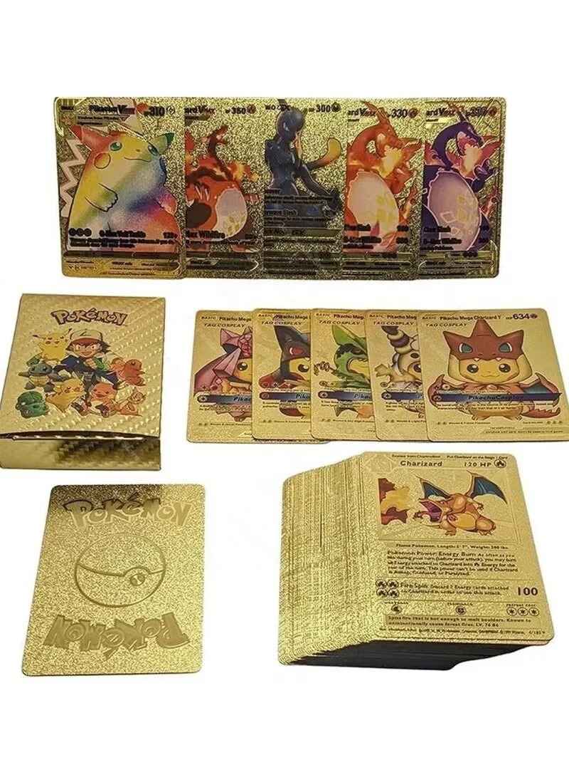Gold Pokémon card collection set featuring shiny holographic cards and golden packaging by Huitich