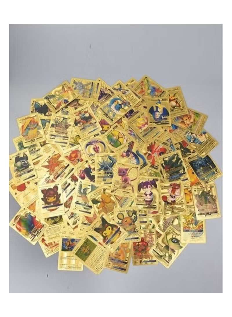 Gold Pokémon card collection set featuring various colorful Pokémon cards spread out on a gray surface