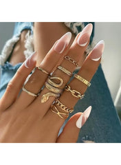 Stylish gold snake ring set for women displayed on manicured fingers with various intricate designs