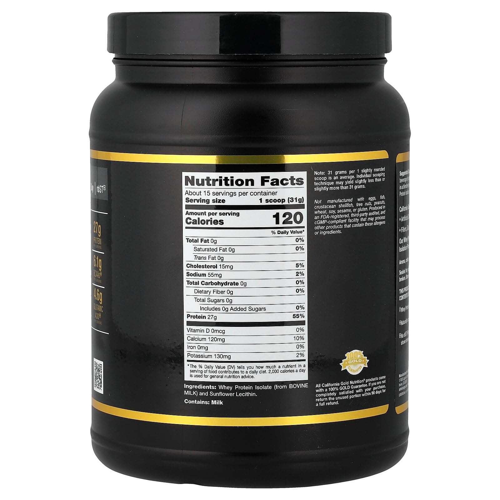 California Gold Nutrition Whey Protein Isolate Unflavored in a black container with nutritional information