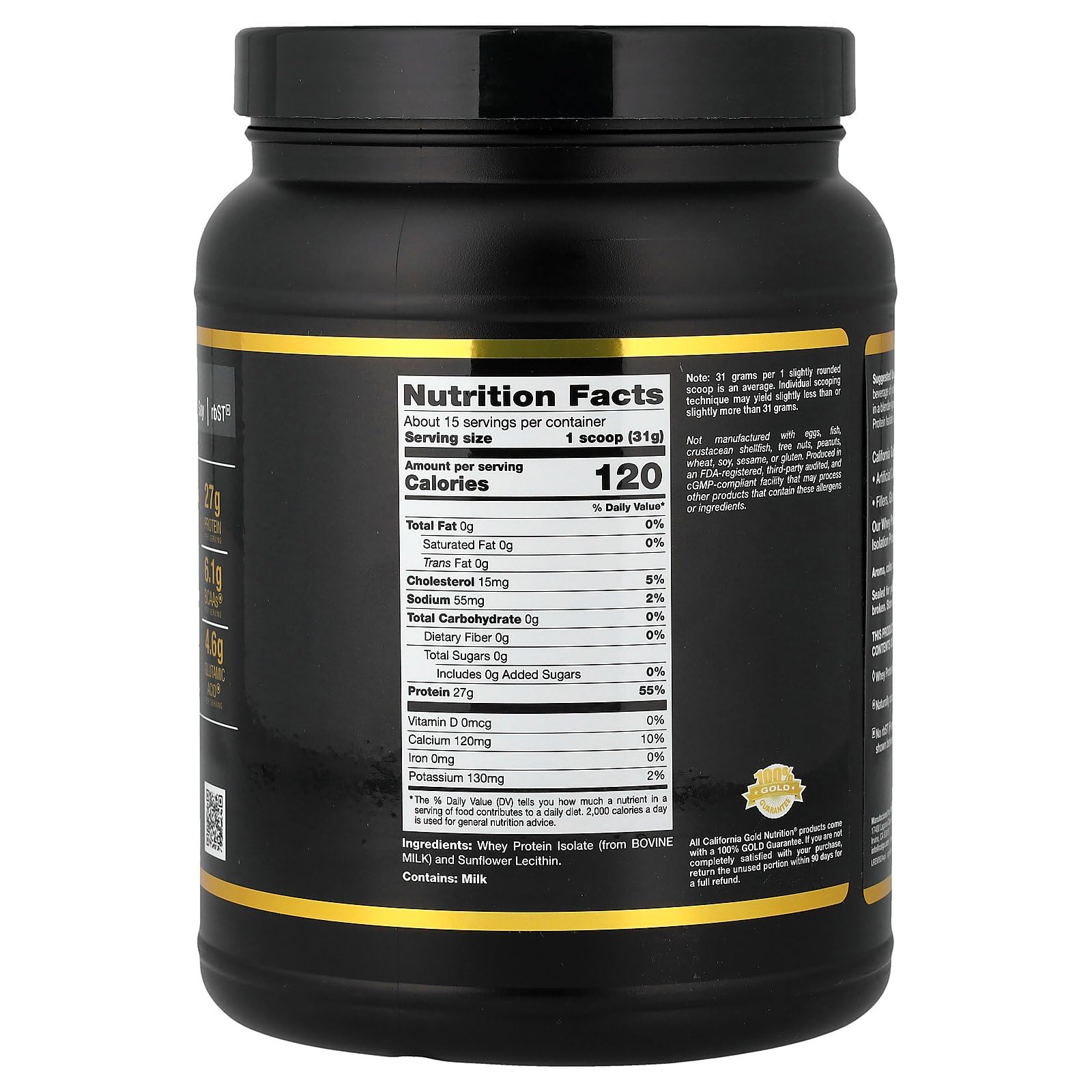 California Gold Nutrition Whey Protein Isolate Unflavored in a black container with nutritional information