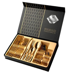 Huitich gold stainless steel cutlery set with forks, knives, spoons in elegant black and gold packaging