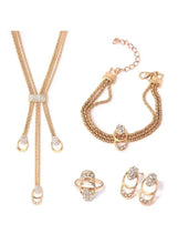 Gold-tone crystal jewelry set: Y necklace, bracelet, rings, drop hoop earrings