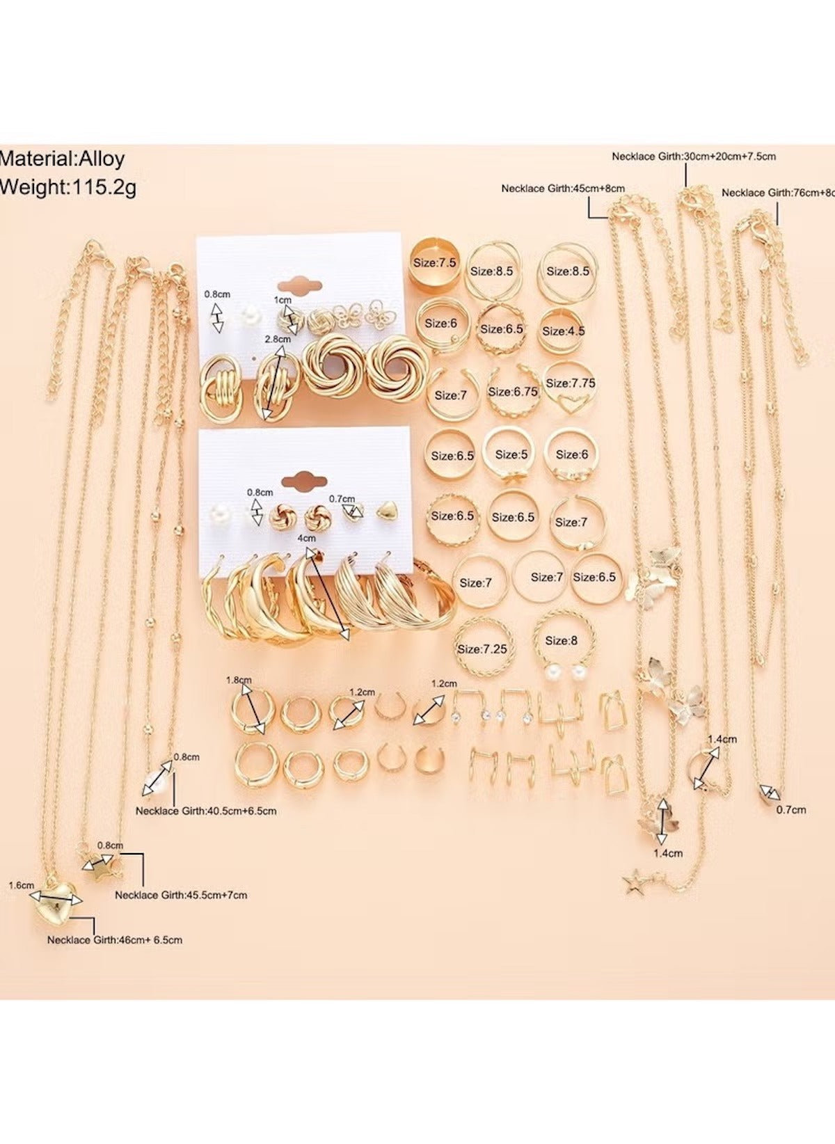 Huitich gold tone jewelry set with multiple rings, earrings, and layered necklaces in gold alloy