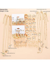 Gold-tone jewelry set layout with size measurements and piece icons