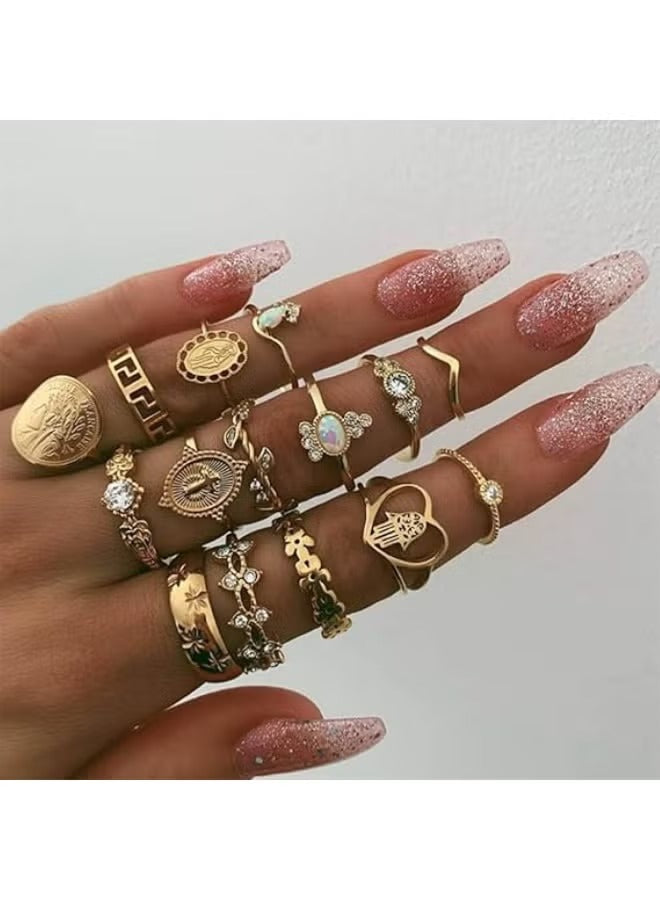 Gold vintage boho ring set for women featuring multiple stylish designs on a model's hand