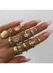 Gold vintage boho ring set for women featuring multiple stylish designs on a model's hand
