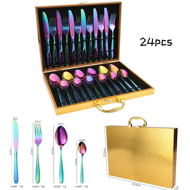 Huitich modern rainbow spoon fork knife set 24pcs steel cutlery with gold storage case