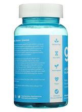 Blue ashwagandha gummies bottle side panel with ingredient text and plant-based icons