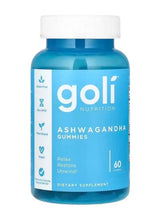 Blue ashwagandha gummies supplement bottle with white cap, front label and 60 count