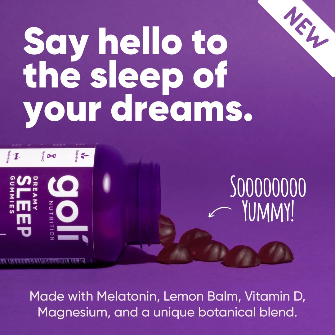 Goli Melatonin Sleep Gummies UAE in a purple container with gummies spilling out and text promoting restful sleep