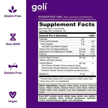 Goli Dreamy Sleep Supplement Facts panel with Gluten-Free, Non-GMO, Vegan icons