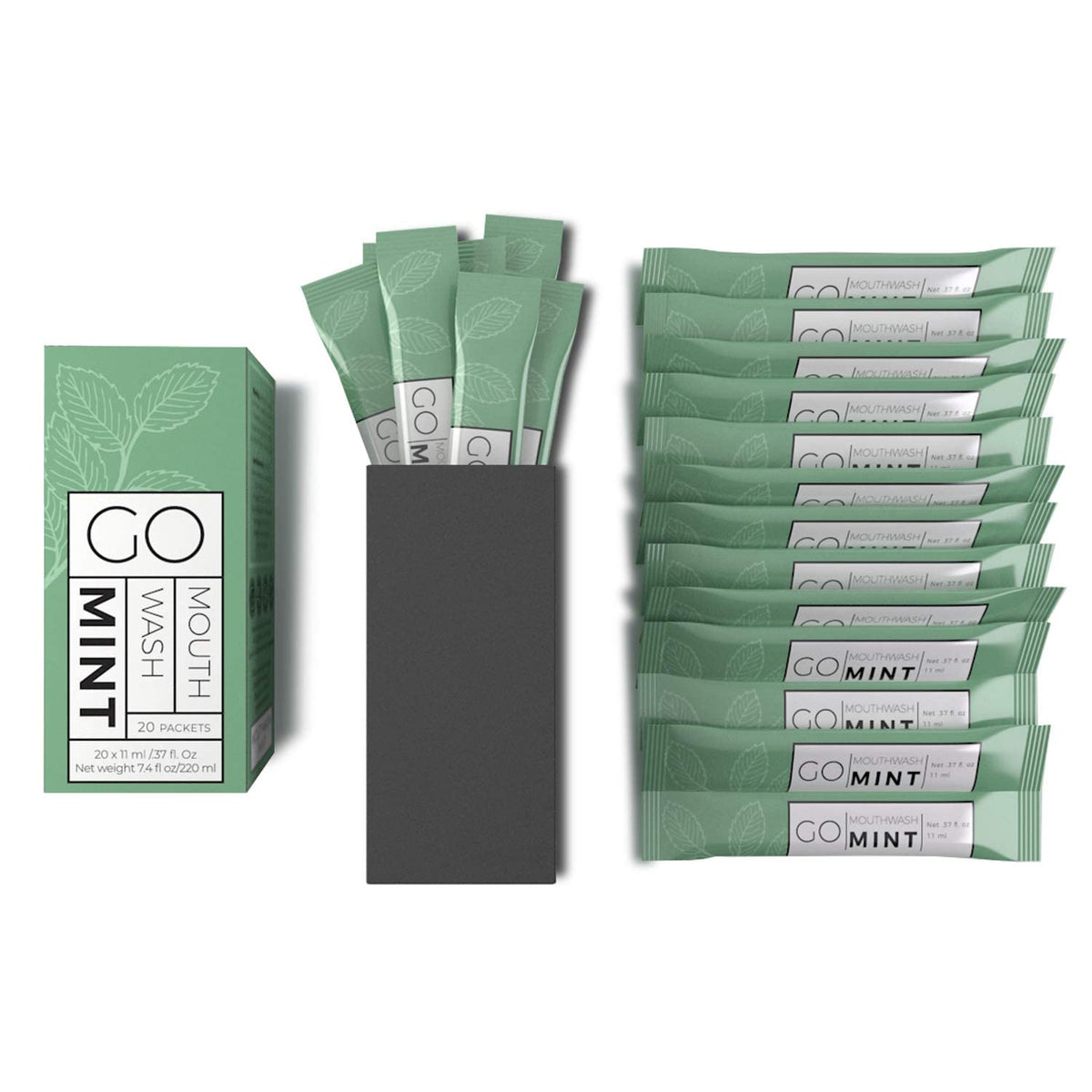 Go Essentials mint travel mouthwash packets box and single serve sachets fanned out showing individual green packets