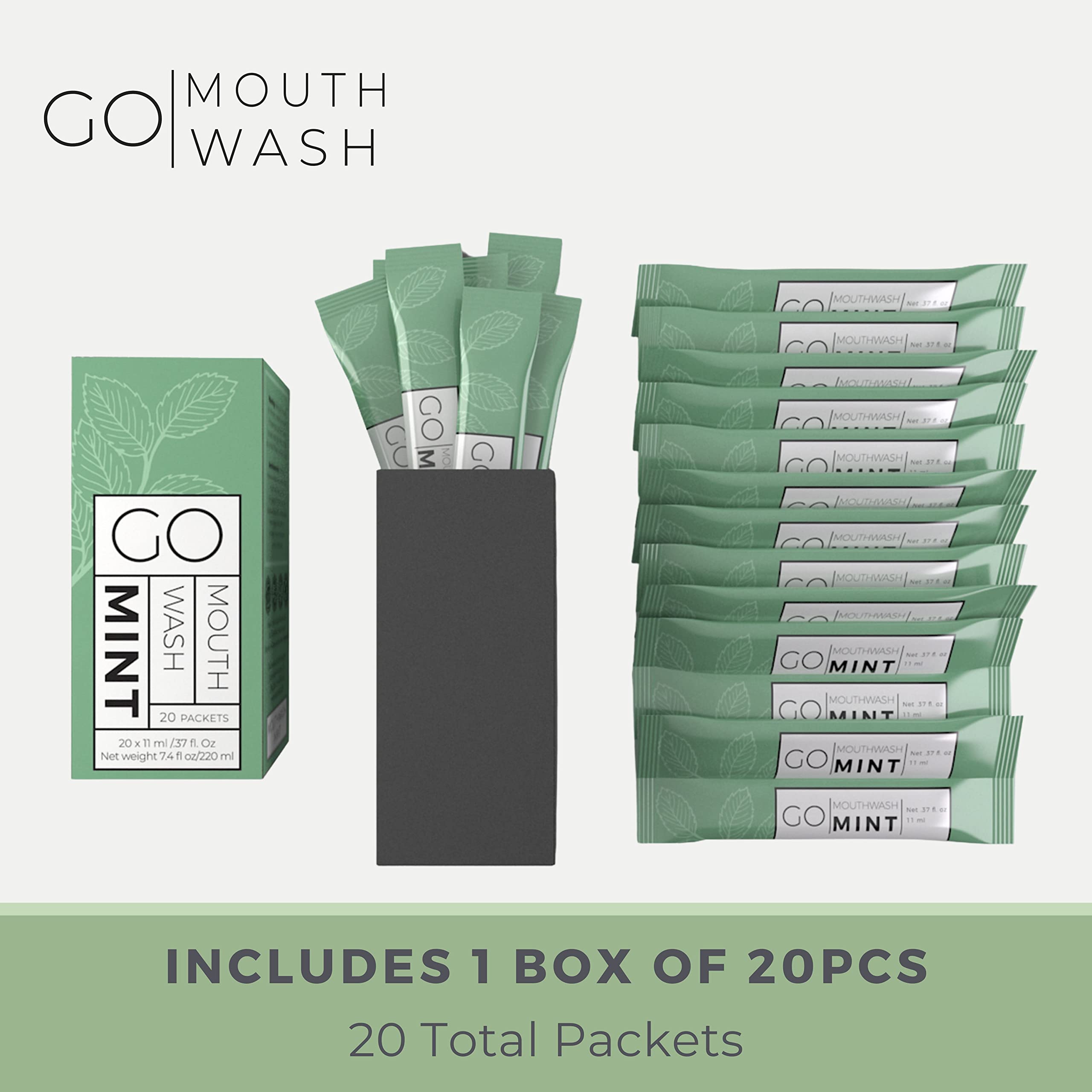 Go Essentials Go Mint mouthwash box and 20 individual travel mouthwash packets in mint flavor
