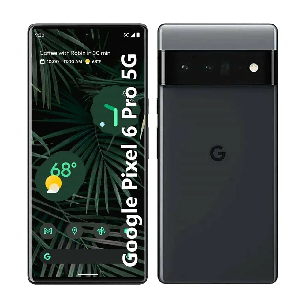 Google Pixel 6 Pro 5G unlocked black smartphone front and back view with triple camera bar