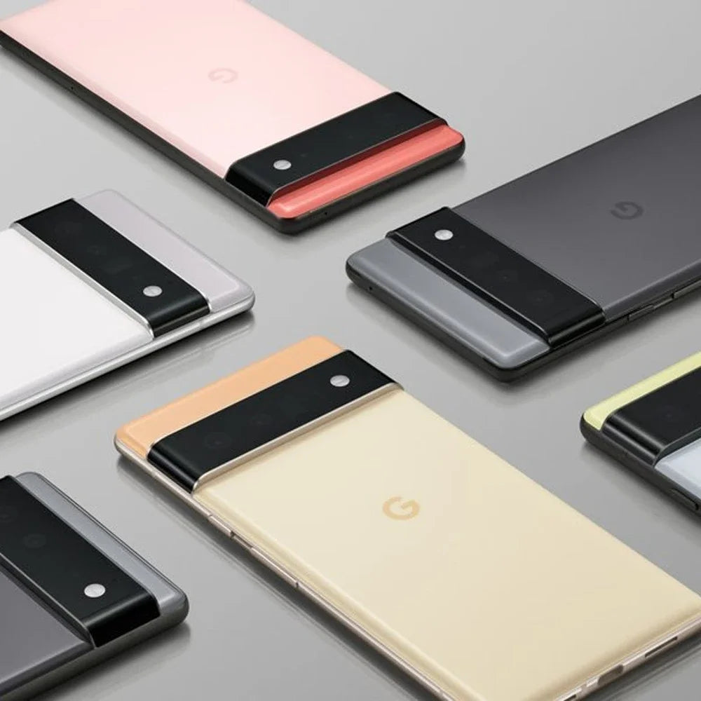 Google Pixel 6 Pro 5G unlocked shown in multiple colors laid flat displaying rear camera bar and matte finishes
