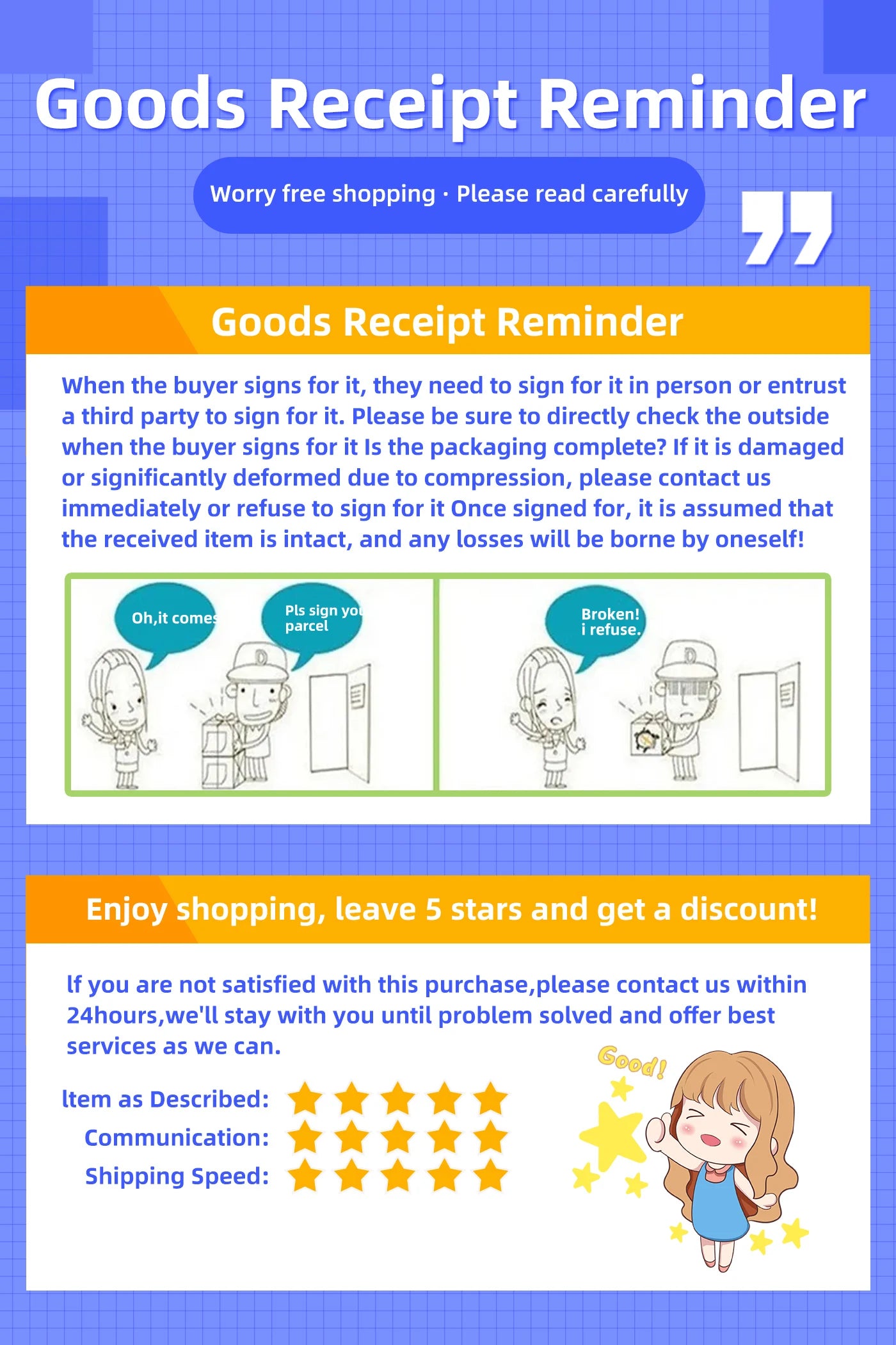 Goods receipt reminder poster explaining signing and return steps for Google Pixel 6 Pro 5G unlocked orders