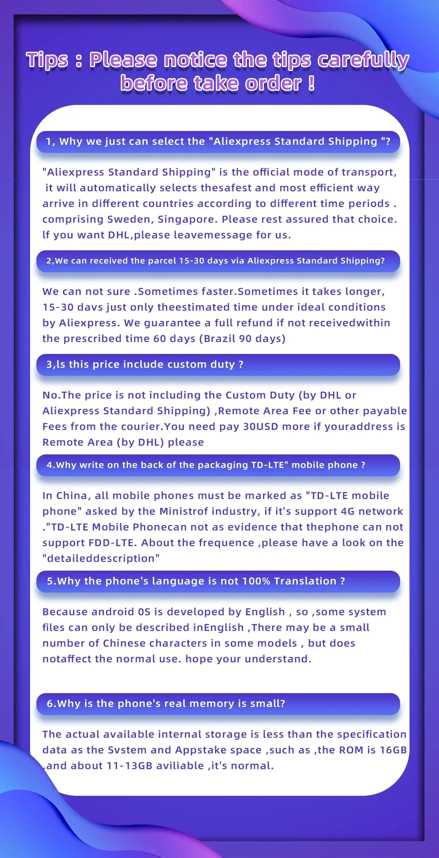 Informational purple tips graphic showing shipping FAQs and policies for Google Pixel 6 Pro 5G unlocked