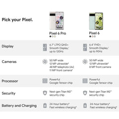 Google Pixel 6 Pro 5G unlocked comparison chart showing 6.7 inch LTPO display, cameras, Tensor chip, battery