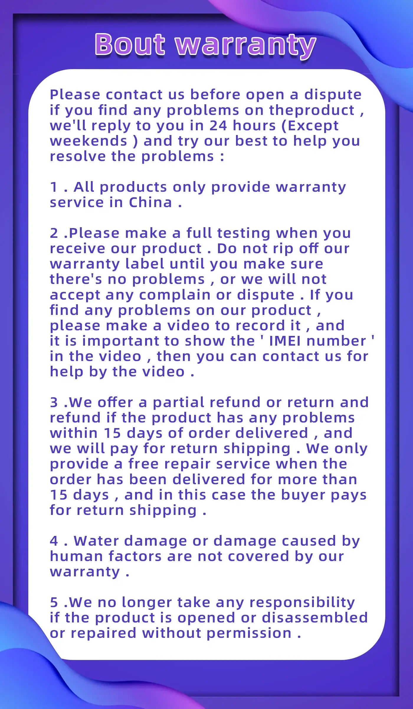 Google Pixel 6 Pro 5G unlocked warranty notice showing return policy and service terms on purple card