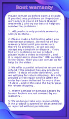 Google Pixel 6 Pro 5G unlocked warranty notice showing return policy and service terms on purple card