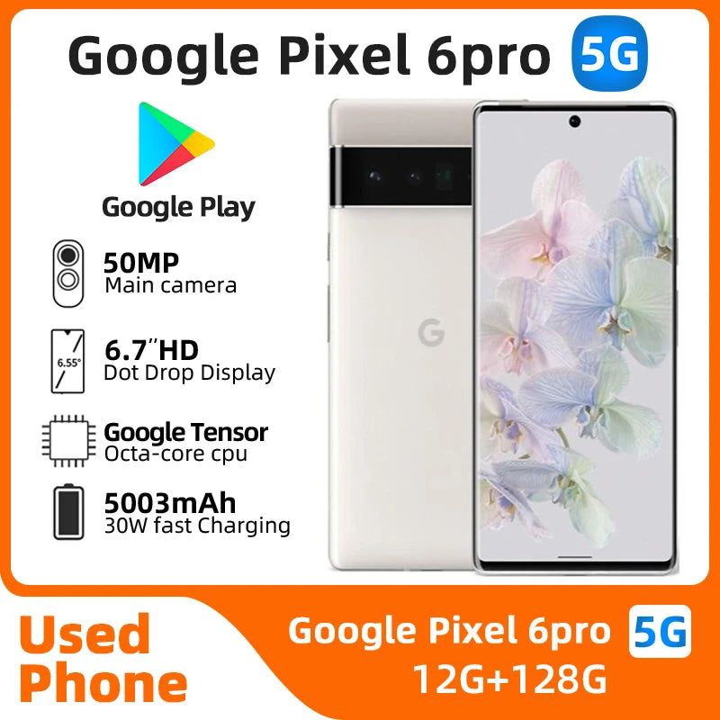 White Google Pixel 6 Pro 5G unlocked used phone showing front display and rear camera bar with specs