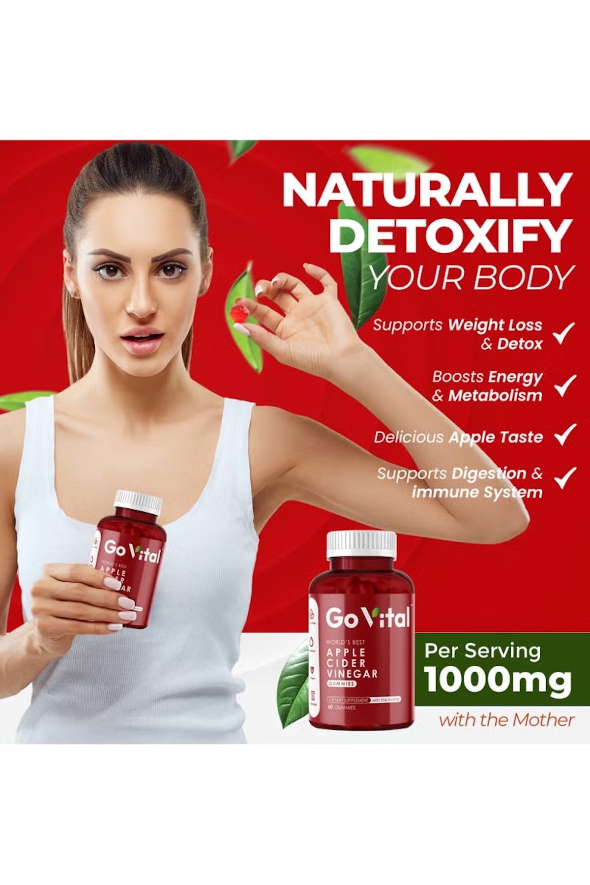 GO VITAL apple cider vinegar gummies UAE for detox and weight loss, featuring 1000mg per serving and delicious taste