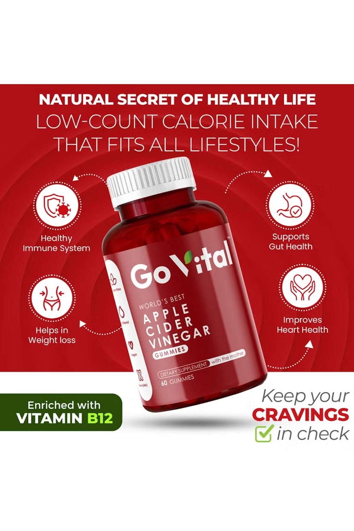 GO VITAL apple cider vinegar gummies UAE in a red bottle, promoting health benefits and craving control