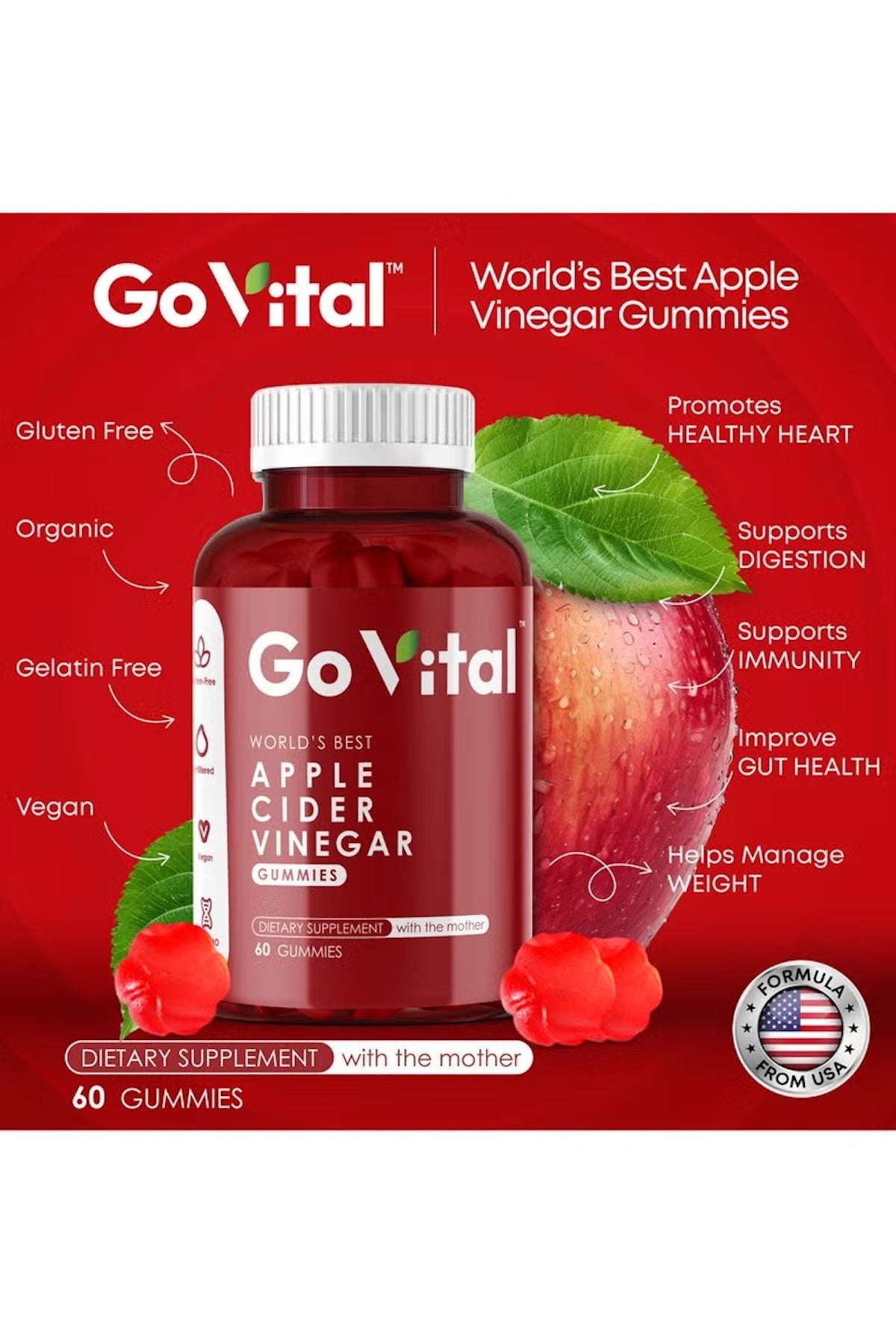 GO VITAL Apple Cider Vinegar Gummies UAE in a red bottle with 60 vegan gummies for health support
