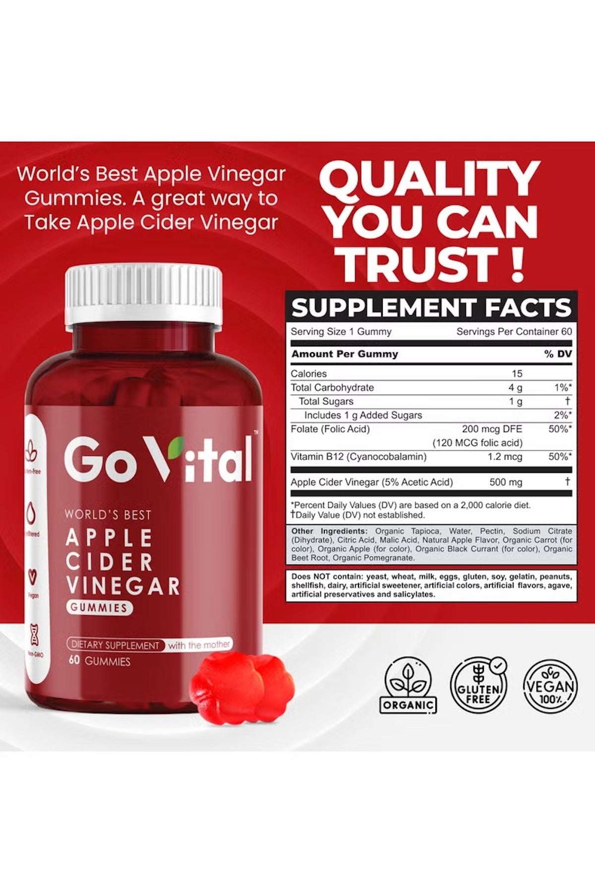 GO VITAL apple cider vinegar gummies UAE in red bottle with supplement facts and quality label