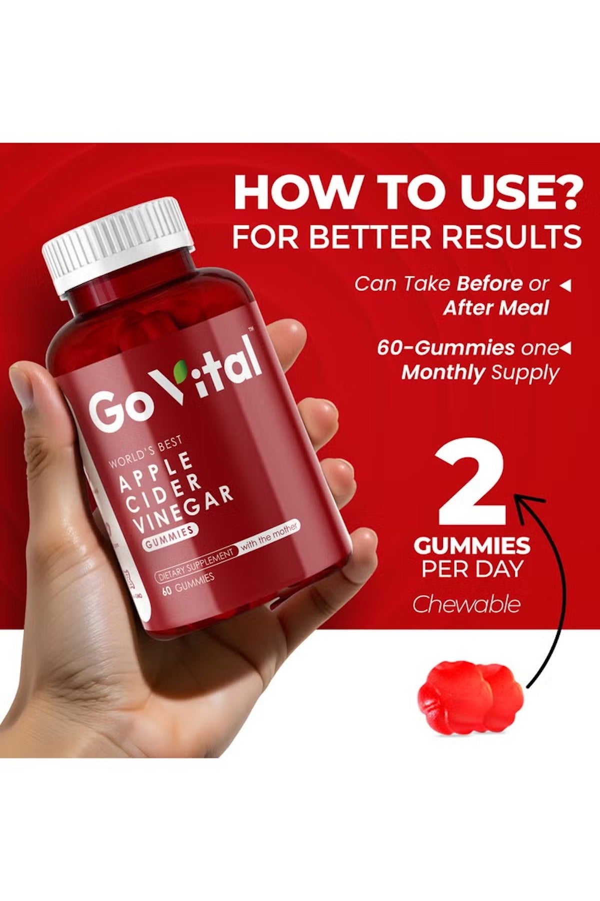 GO VITAL apple cider vinegar gummies UAE in a red bottle with 60 gummies for daily health support