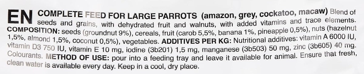 Mumzar Complete Feed for Large Parrots with seeds, grains, and nuts for optimal nutrition.