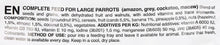 Large parrot bird food label panel with EN feeding directions and ingredients