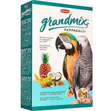 Parrot feed box with colorful bird and fruit-seed graphics, Padovan GrandMix Pappagalli