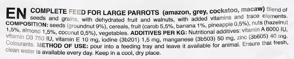 Padovan parrot food mix 600g with seeds, nuts, and dehydrated fruit for large parrots
