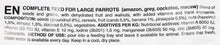 Parrot feed nutrition label text for large parrots, EN complete feed panel
