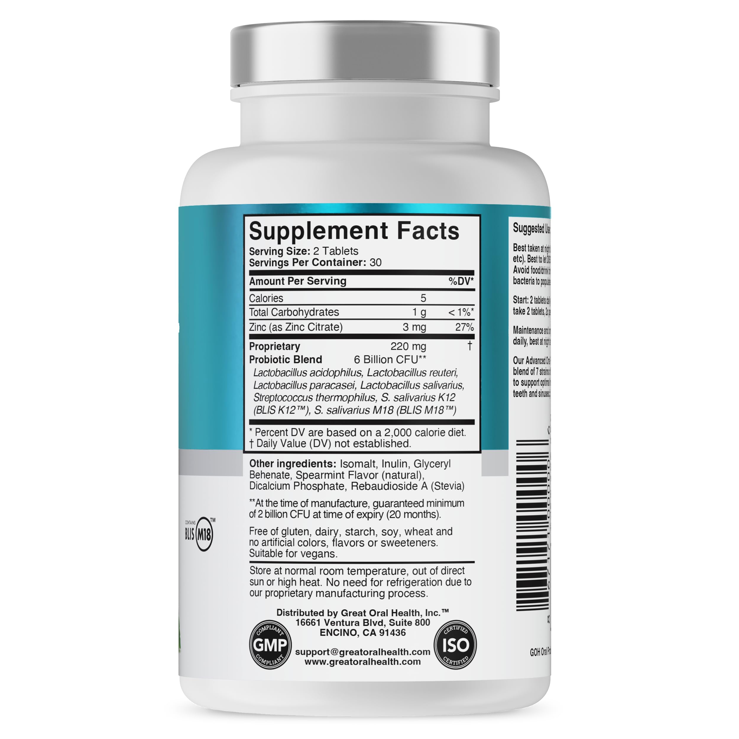 Great Oral Health supplement bottle back label showing Supplement Facts and ingredients chewable oral probiotics for bad breath