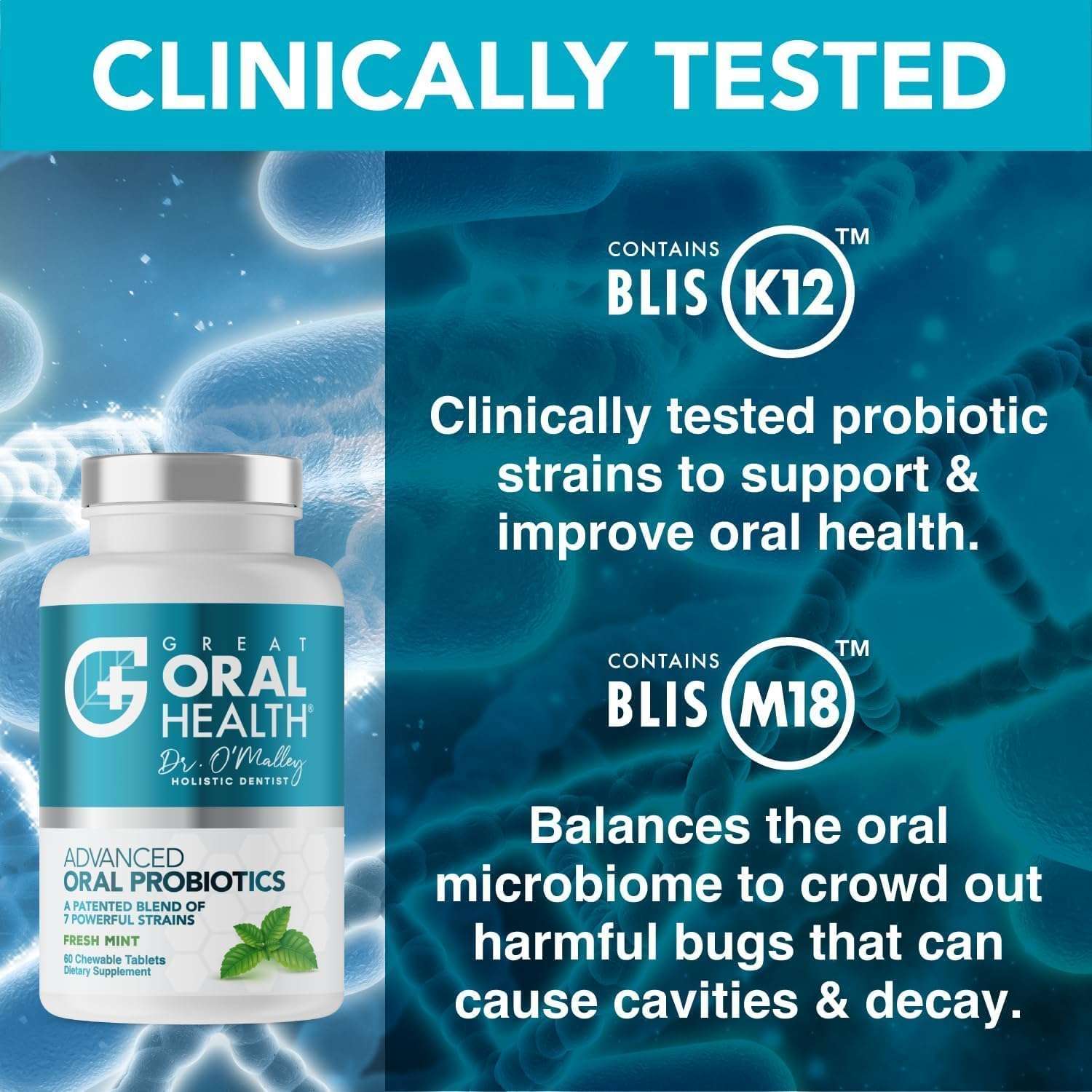 Great Oral Health Advanced Oral Probiotics bottle with clinical claims and mint flavor chewable oral probiotics for bad breath