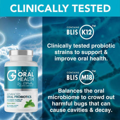 Great Oral Health Advanced Oral Probiotics bottle with clinical claims and mint flavor chewable oral probiotics for bad breath