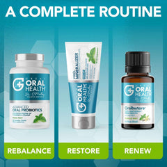 Great Oral Health three product routine showing chewable oral probiotics for bad breath with toothpaste and OraRestore oil