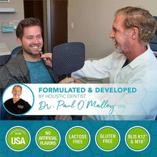 Doctor and patient in clinic with oral probiotic supplement promotion banner