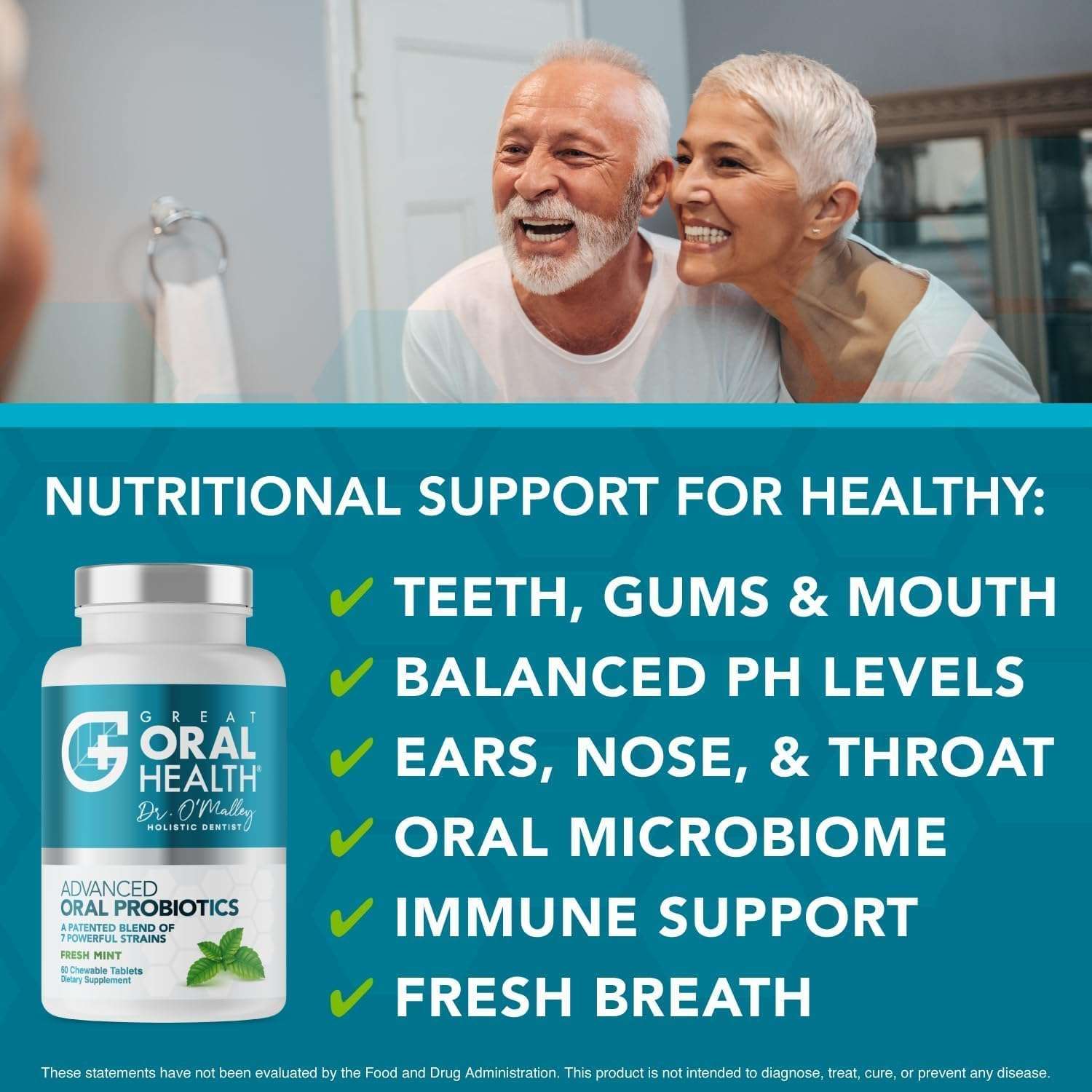 Great Oral Health bottle and smiling senior couple promoting chewable oral probiotics for bad breath