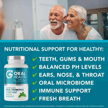 Elderly couple with oral probiotic supplement bottle and health benefit bullets