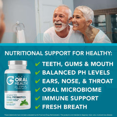 Great Oral Health bottle and smiling senior couple promoting chewable oral probiotics for bad breath