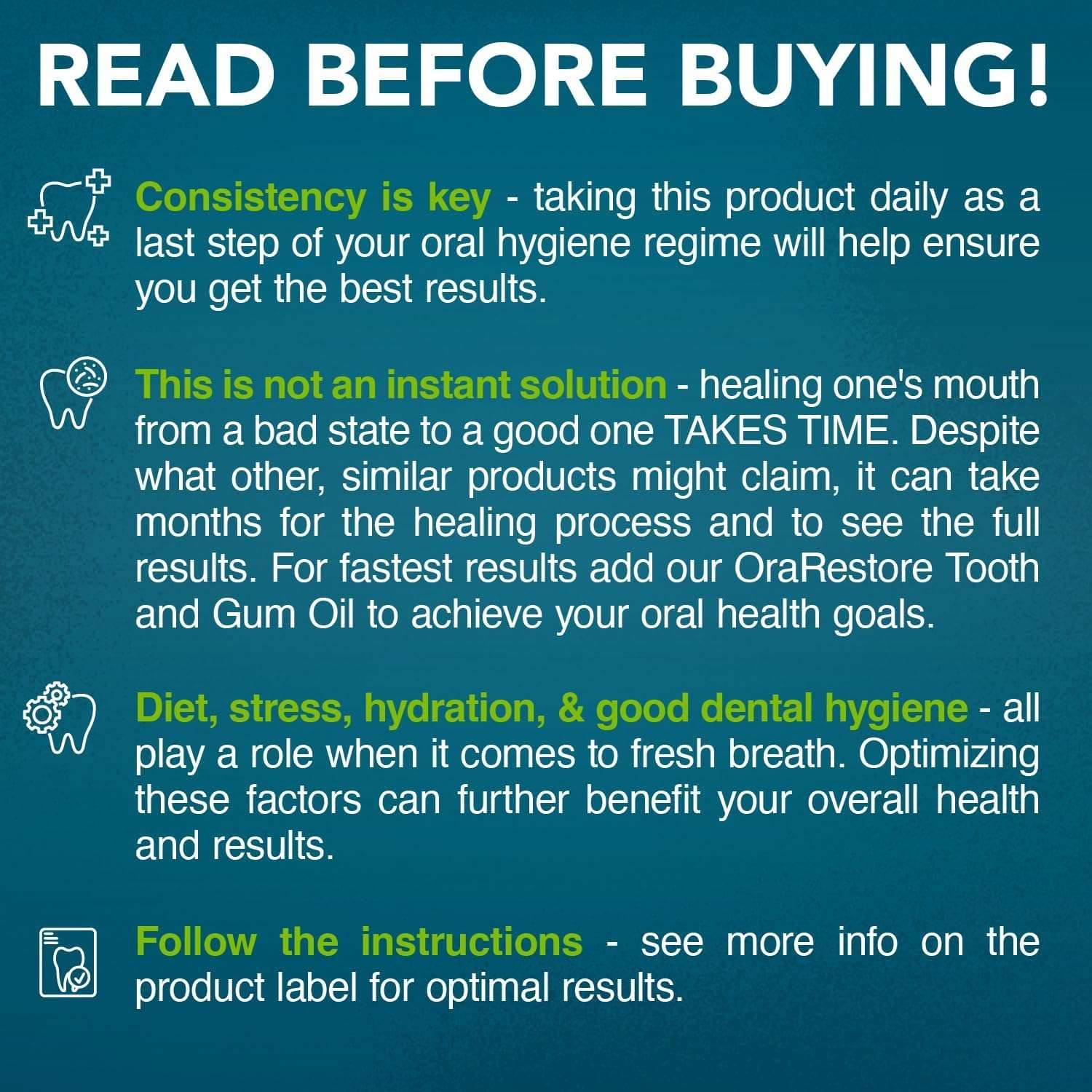 Read Before Buying informational panel for chewable oral probiotics for bad breath with usage tips and warnings