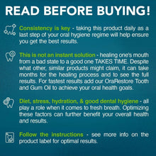 Oral probiotic supplement bottle with blue usage and consistency info panel