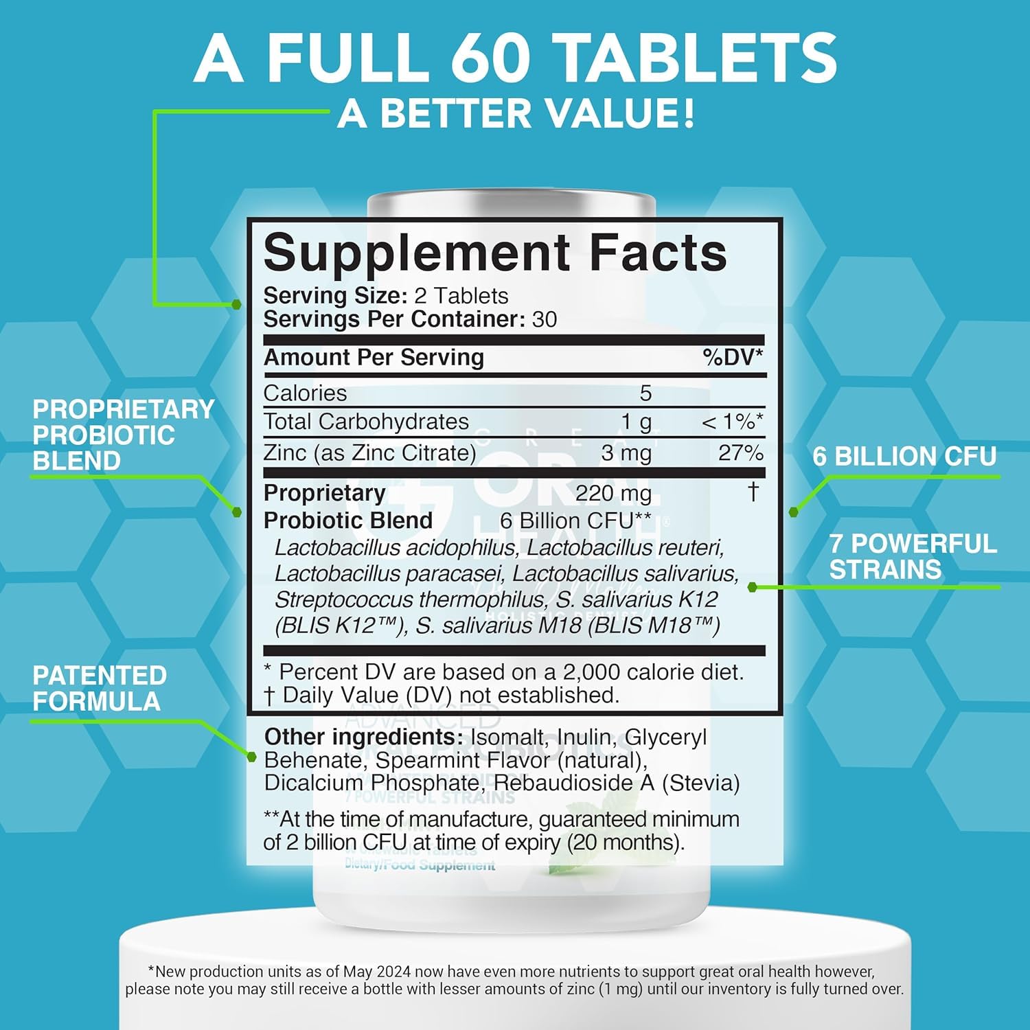 Bottle supplement facts label for Great Oral Health chewable oral probiotics for bad breath 60 tablets 6 billion CFU