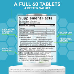 Bottle supplement facts label for Great Oral Health chewable oral probiotics for bad breath 60 tablets 6 billion CFU