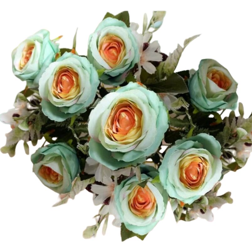Huitich green artificial rose bouquet with light green petals and soft orange centers